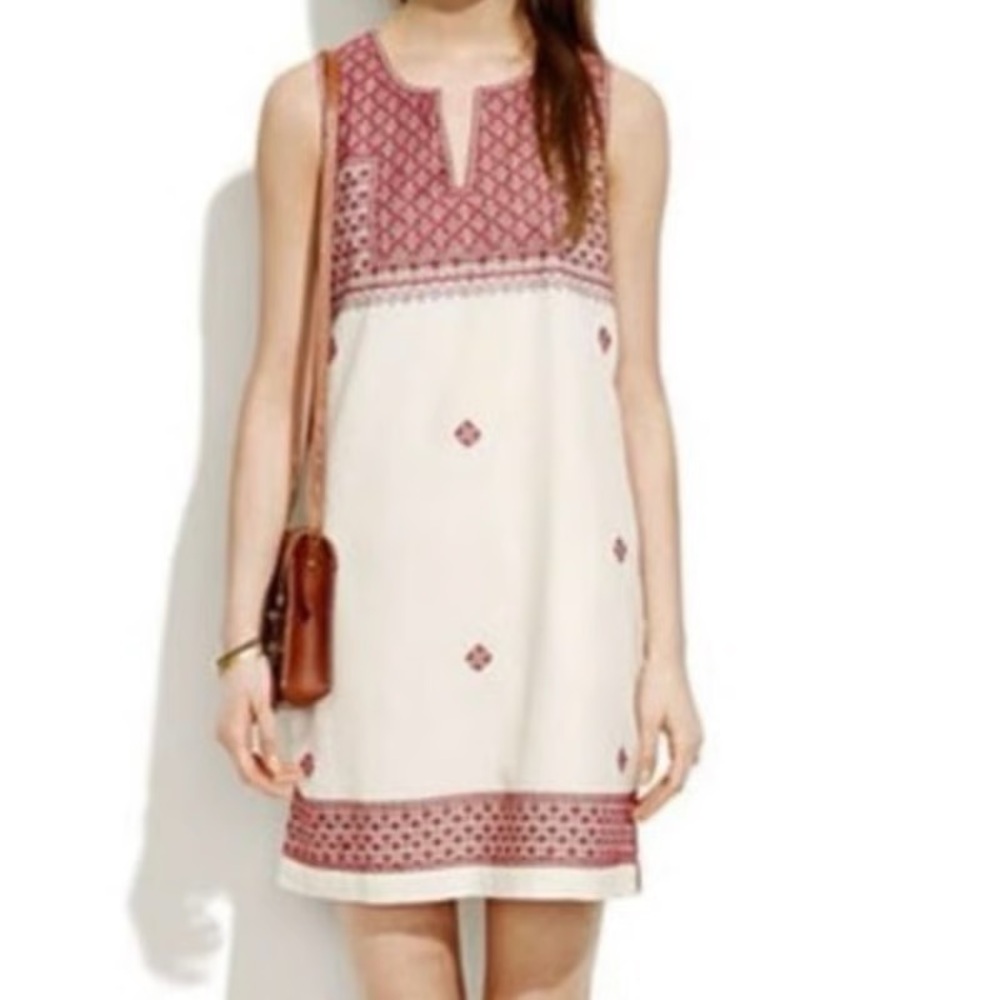 Madewell Women’s Sleeveless White Shift Dress with Pink Embroidered Trim Size 6 - Picture 2 of 10